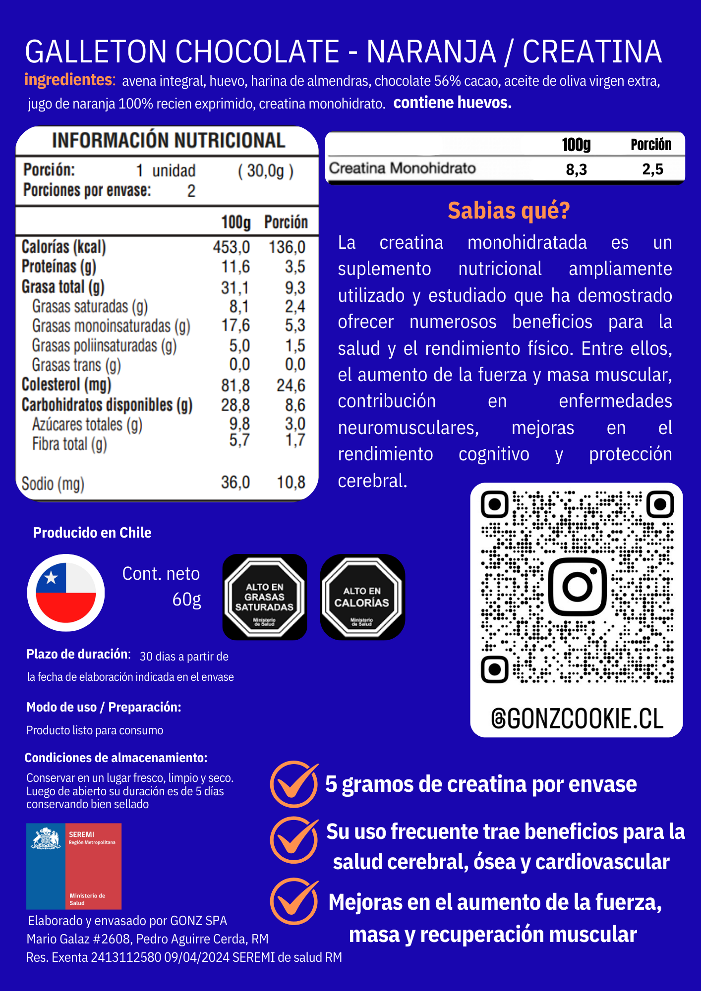 GALLETON DE CREATINA - NARANJA/CHOCOLATE